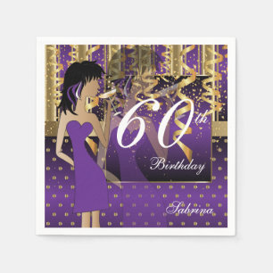 60th Birthday Bash Girl Party in Purple and Gold Paper Napkins
