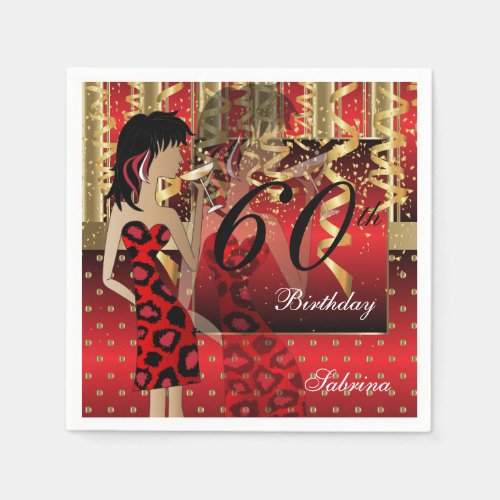 60th Birthday Bash Girl Party in Red and Gold Paper Napkins