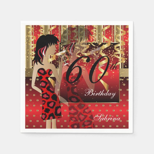 60th Birthday Bash Girl Party in Red and Gold Paper Napkins (Front)