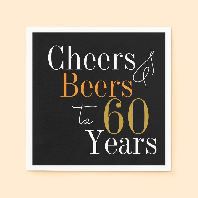 60th Birthday Beers and Cheers Black Gold Party Napkins (Creator Uploaded)