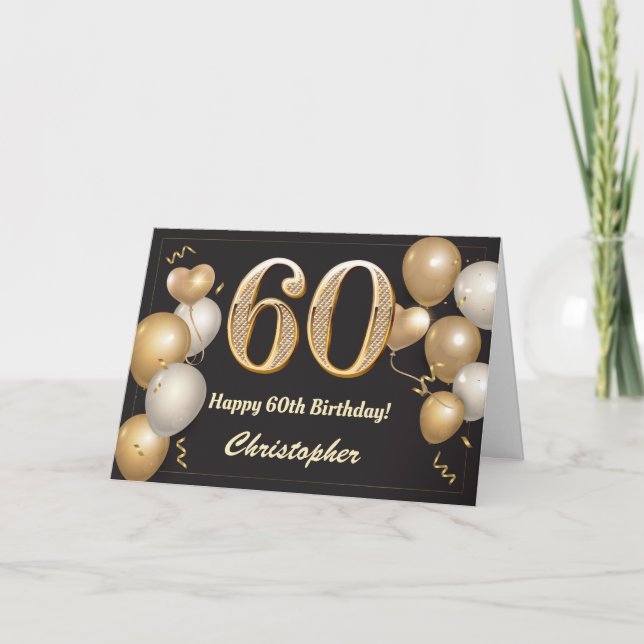 60th Birthday Black and Gold Balloons Birthday Card (Front)