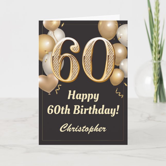 60th Birthday Black and Gold Balloons Confetti Card (Front)