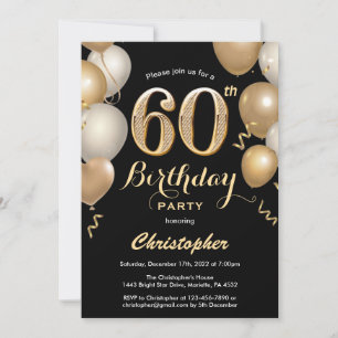 60th Birthday Black and Gold Balloons Confetti Invitation