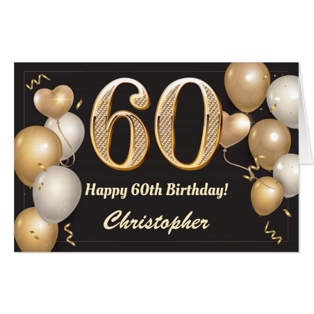 60th Birthday Black and Gold Balloons Extra Large Card (Front Horizontal)