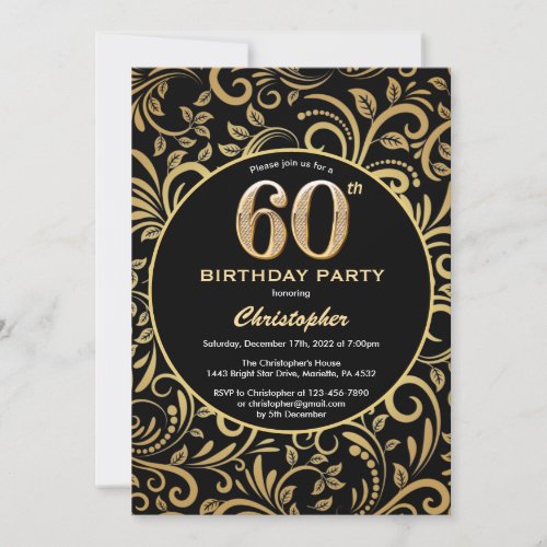 60th Birthday Black and Gold Floral Pattern Invitation