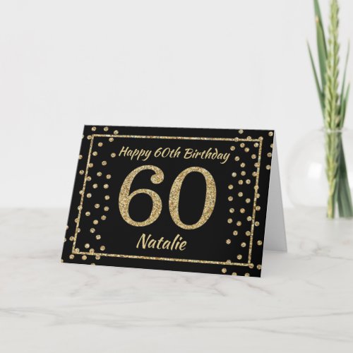 60th Birthday Black and Gold Glitter Confetti Card