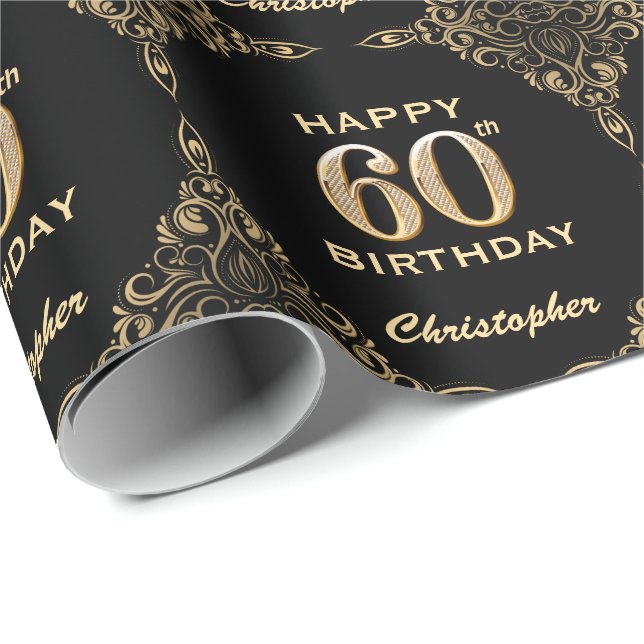 60th Birthday Black and Gold Glitter Frame Wrapping Paper (Roll Corner)