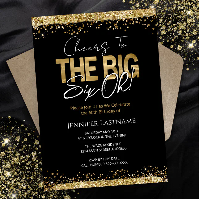 60th Birthday Black and Gold Invitation | Zazzle