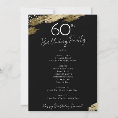 60th Birthday Black and Gold Menu Invitation