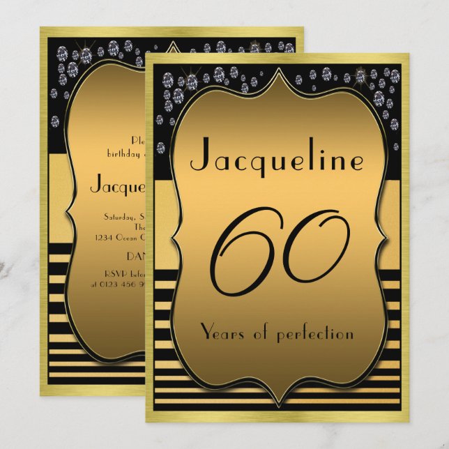 60th Birthday Black And Gold Party Invitation (Front/Back)