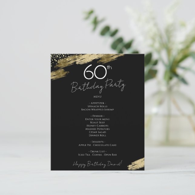 60th Birthday Black and Gold Party Menu Flyer | Zazzle