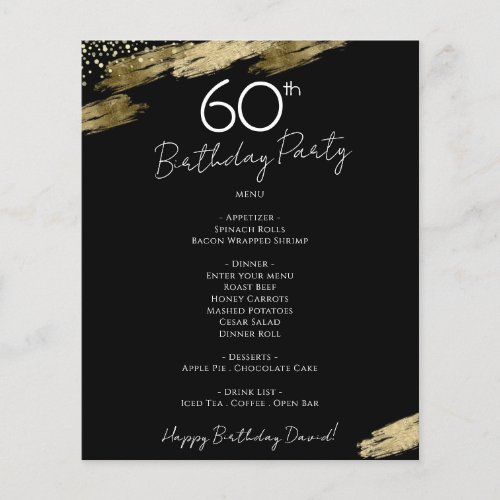 60th Birthday Black and Gold Party Menu Flyer