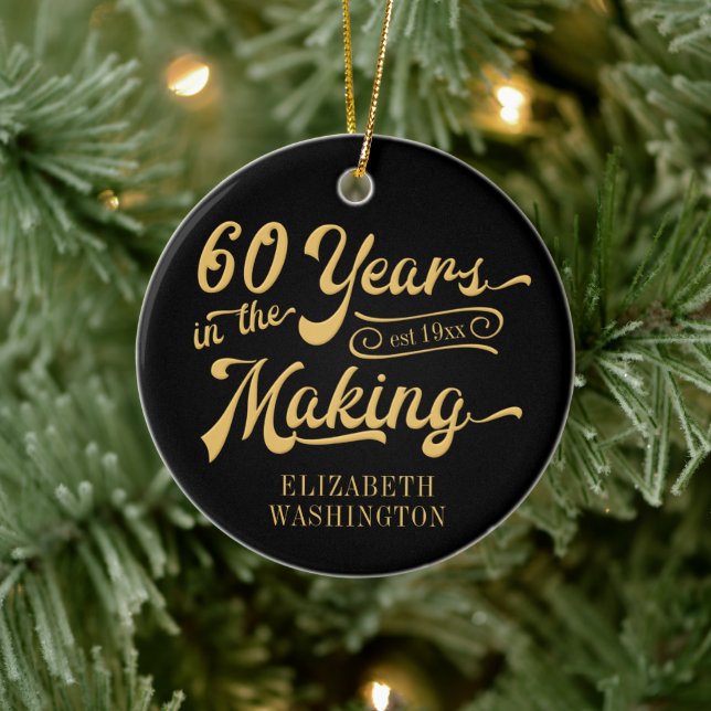 60th Birthday Black and Gold Photo Name Keepsake Ceramic Ornament (Tree)