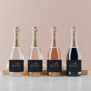60th Birthday Black and gold script modern minimal Sparkling Wine Label