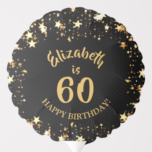 60th Birthday Black and Gold Stars Name Balloon - Celebrate a 60th birthday in a special way with this personalized black and gold stars themed balloon with their name and how old they are. Adds a special touch to a gift or makes great centerpieces for a party. Contact the designer via Zazzle Chat or makeitaboutyoustore@gmail.com if you’d like this design modified, on another product or would like coordinating items.