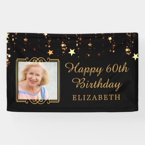 60th Birthday Black and Gold Stars Personalized Banner - Honor the birthday man or woman and welcome your party guests with this black and gold themed banner with gold stars ideal for celebrating any age birthday. Personalize with their name. The text is fully editable to change the 60th to any age.
PHOTO TIP:  For fastest/best results, choose a photo with the subject in the middle and/or pre-crop it to a square shape BEFORE uploading and it will fill in the photo space perfectly. 
Contact the designer if you’d like this design modified, on another product or would like coordinating items for your party ensemble.