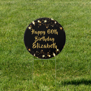 60th Birthday Black and Gold Stars Personalized Sign