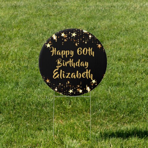 60th Birthday Black and Gold Stars Personalized Sign - Utilize this yard sign to recognize and celebrate a 60th birthday (or any age) or use as directional and/or welcome signs to a party. Personalize with a HAPPY # BIRTHDAY NAME message. Black and gold stars theme is universal for anyone or any age, male or female. Contact the designer via Zazzle Chat or makeitaboutyoustore@gmail.com if you'd like this design modified, on another product or coordinating items.