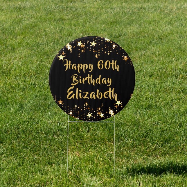 60th Birthday Black and Gold Stars Personalized Sign (Insitu)