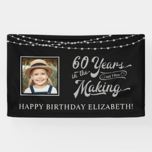 60th Birthday Black and Silver String Lights Photo Banner