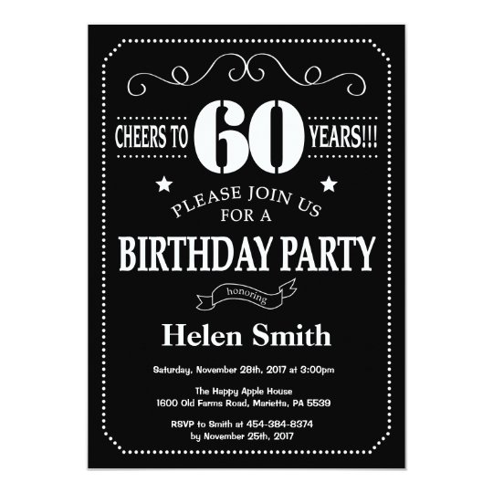 60th Birthday Black and White Chalkboard Invitation | Zazzle.com