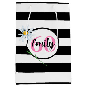 60th Birthday Black And White Stripes Medium Gift Bag