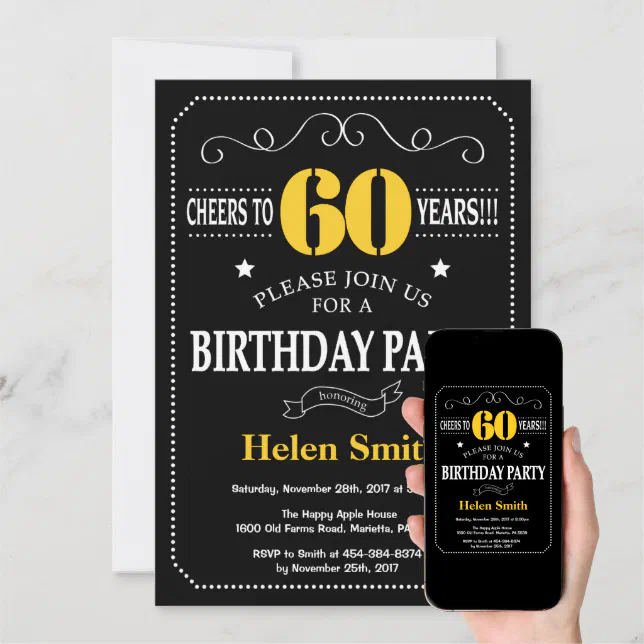 60th Birthday Black and Yellow Chalkboard Invitation | Zazzle