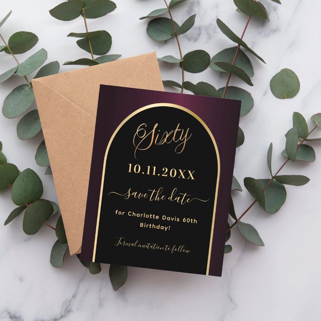 60th birthday black burgundy budget save the date flyer (Creator Uploaded)