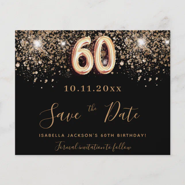 60th birthday black glitter budget save the date flyer | Zazzle