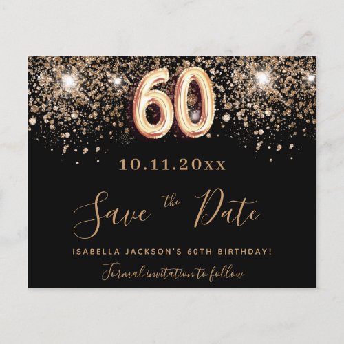 60th birthday black glitter budget save the date flyer