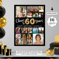 60th Birthday Black Gold 16 Photo Cheers to Years