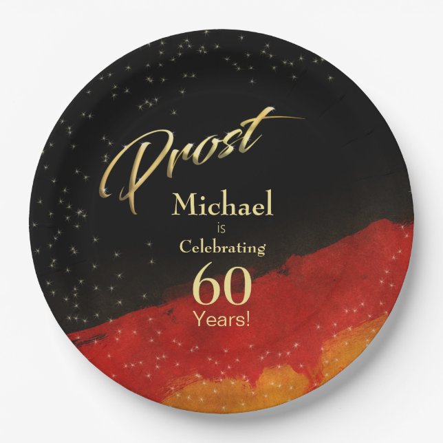 60th Birthday Black, Gold and Red Prost Paper Plates (Front)