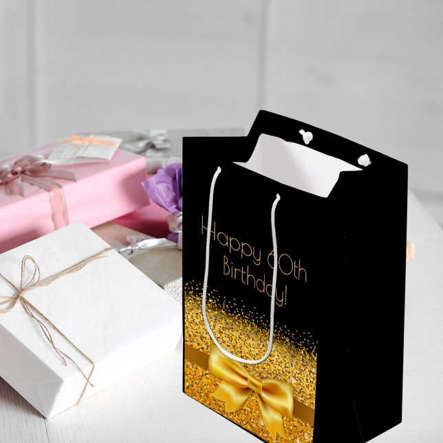 60th birthday black gold bow medium gift bag (Creator Uploaded)