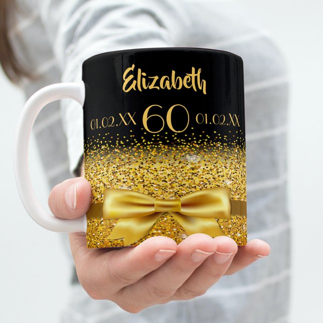 60th birthday black gold bow name coffee mug (Creator Uploaded)