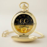 60th birthday black gold bow name elegant pocket watch<br><div class="desc">Elegant, classic, glamorous and feminine. A faux gold colored bow and ribbon with golden glitter and sparkle, a bit of bling and luxury for a birthday gift or keepsake. Black background. Templates for her name, and the age 60. The name is written with a modern hand lettered style script. Golden...</div>