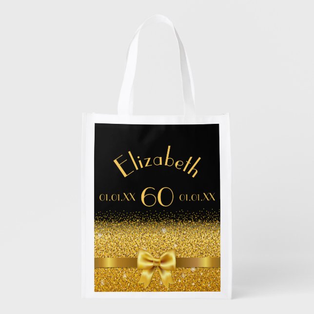 60th birthday black gold classic elegant name reusable grocery bag (Front)