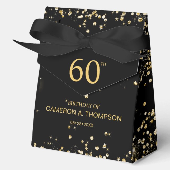 60th Birthday  Black & Gold Confetti Personalized Favor Boxes (Front)
