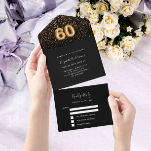 60th birthday black gold confetti rsvp all in one invitation