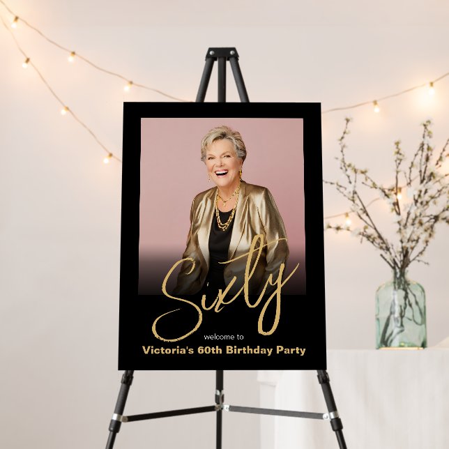 60th Birthday Black Gold Custom Photo Welcome Foam Board (In Situ (Stand))