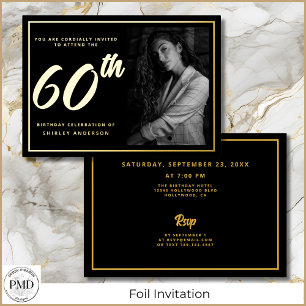 60th Birthday Black Gold Elegant Photo  Foil Invitation