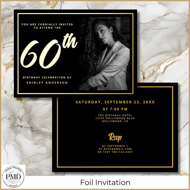 60th Birthday Black Gold Elegant Photo  Foil Invitation (60th Birthday Elegant Photo Black and Gold Foil Invitation with Party Details on the Back.)