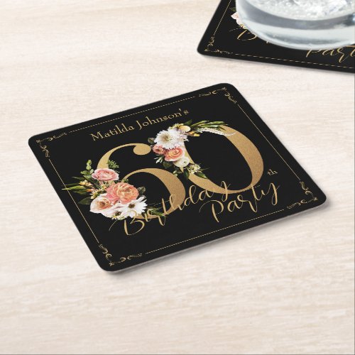 60th Birthday Black Gold Floral Glamorous Pretty  Square Paper Coaster