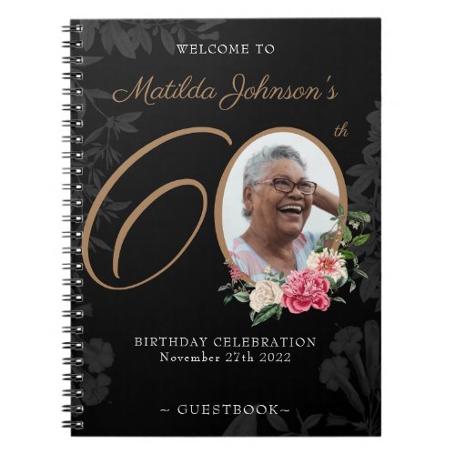 60th Birthday Black Gold Floral Photo Guestbook  Notebook