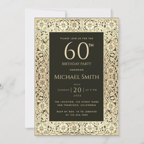 60th Birthday Black Gold Flowers Elegant Vintage Invitation