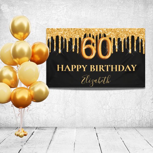 60th birthday black gold glitter balloon style banner