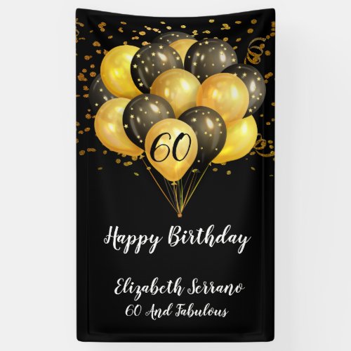 60th Birthday Black Gold Glitter  Banner