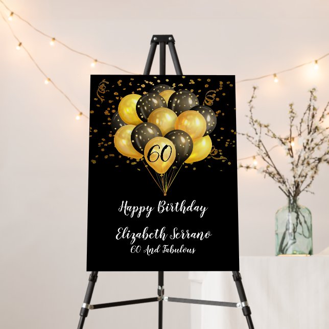 60th Birthday Black Gold Glitter Banner Foam Board (In Situ (Stand))