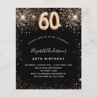 60th birthday black gold glitter budget invitation flyer | Zazzle