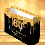 60th birthday black gold glitter drips name large gift bag<br><div class="desc">A chic black background. Decorated with faux gold glitter drips,  paint dripping look. Personalize and add a name.  With the text:  Happy Birthday.  The name is written with a mode hand lettered style script.   Number 60 is written with a balloon style font.</div>