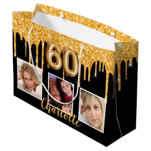 60th birthday black gold glitter drips photo large gift bag